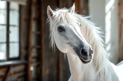 The primary subject of the image is a white horse with a flowing mane. The horse is standing in front of a wooden wall, which serves as the setting or background of the scene. The visual style of the image is a photo, capturing the horse's features and the wooden wall in detail. The colors in the image are predominantly white, giving the scene a clean and serene atmosphere.