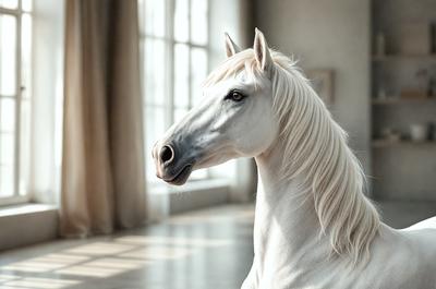 The primary subject of the image is a white horse standing in a room. The horse is positioned in the center of the scene, and it appears to be looking at the camera. The setting is indoors, with a window visible in the background. The visual style of the image is a realistic representation of the horse, and the colors are predominantly white, giving the scene a clean and serene atmosphere.