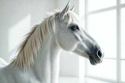 The primary subject of the image is a white horse with a black mane. The horse is standing in front of a window, which serves as the setting and background of the scene. The visual style of the image is a photo, capturing the horse's features and the surrounding environment. The colors in the image are predominantly white and black, creating a clean and elegant atmosphere.