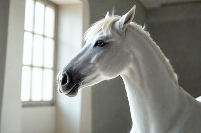 The primary subject of the image is a white horse with a blonde mane. The horse is standing in a room with a window in the background. The visual style of the image is a photo, and the colors and mood are predominantly white, giving the scene a clean and serene atmosphere.