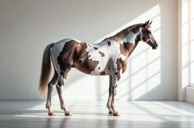 The primary subject of the image is a brown and white spotted horse standing on a wooden floor. The horse is positioned in the center of the scene, and its body is the main focus of the image. The setting is indoors, with the horse standing on a wooden floor. The visual style of the image is a photo, capturing the horse in its natural environment. The colors and mood of the image are warm and inviting, with the horse's brown and white spots creating a visually appealing contrast against