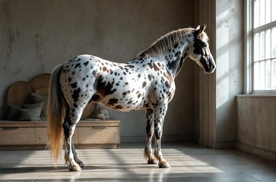 The primary subject of the image is a spotted horse standing in a room. The horse is positioned in the center of the scene, and it appears to be the main focus of the image. The setting is a room with a couch and a chair, which are visible in the background. The visual style of the image is a photo, capturing the horse in its natural environment. The colors and mood of the image are predominantly neutral, with the horse's spots being the most noticeable feature.
