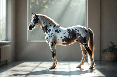 Primary subject: A spotted horse standing in a room.

Setting/background: The horse is standing in a room with a window, and there is a wall visible in the background.

Visual style: The image is a photo of the horse.

Colors and mood: The horse has a black and white spotted pattern, and the overall atmosphere of the image is calm and serene.