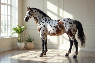 The primary subject of the image is a brown and white spotted horse standing in a room. The horse is positioned in the center of the scene, and it appears to be the main focus of the image. The setting is a room with a window, and the visual style is a photo. The colors in the image are predominantly brown and white, giving the scene a warm and natural atmosphere.