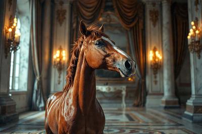 The primary subject of the image is a brown horse standing in a room with a marble floor. The horse is positioned in the center of the scene, and its head is turned to the side. The setting appears to be a palace or a grand building, as indicated by the presence of a chandelier and a large mirror in the background. The visual style of the image is a combination of photo and digital art, creating a realistic yet artistic representation of the horse in its environment. The colors and mood of the image