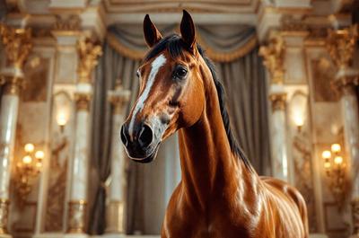 The primary subject of the image is a brown horse with a white stripe on its face. The horse is standing in a room with a curtained window, giving the scene a sense of elegance and sophistication. The visual style of the image is a photo, capturing the horse's features and the room's ambiance. The colors in the image are predominantly brown and white, creating a warm and natural atmosphere.