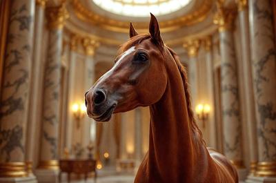 Primary subject: A brown horse with a white stripe on its face.

Setting/background: The horse is standing in a large, ornate room with a high ceiling and a chandelier. The room appears to be a palace or a grand building.

Visual style: The image is a digital art or illustration, featuring a detailed and realistic representation of the horse.

Colors and mood: The dominant colors in the image are brown and white, with the brown horse and the white stripe