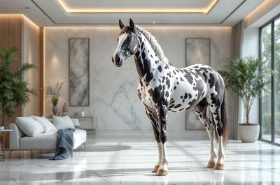 Primary subject: A black and white spotted horse standing in a room.

Setting/background: The horse is standing in a room with a white marble floor.

Visual style: The image is a digital art or illustration of a horse.

Colors and mood: The dominant colors are black, white, and grey, creating a calm and elegant atmosphere.