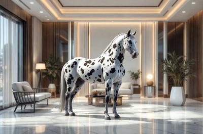 The primary subject of the image is a white and black spotted horse standing in a room. The setting is a living room, with a couch and a chair visible in the background. The visual style appears to be a digital art or illustration, creating a realistic and detailed representation of the horse. The colors and mood of the image are predominantly white and black, giving it a clean and elegant appearance.