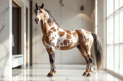 The primary subject of the image is a brown and white spotted horse standing in a room. The horse is positioned in the center of the scene, and its body is the main focus of the image. The setting appears to be an indoor space, possibly a stable or a room with a white wall. The visual style of the image is a photo, capturing the horse in its natural environment. The colors and mood of the image are warm and inviting, with the horse's brown and white spots creating a visually