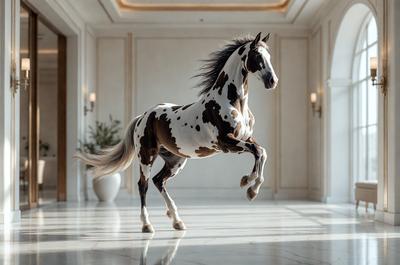 The primary subject of the image is a spotted horse standing in a large, white room. The horse appears to be walking or running, possibly in a hallway or a similar indoor space. The setting is a clean and well-lit environment, with the horse being the main focus of the scene. The visual style of the image is a realistic representation of the horse, capturing its movement and presence in the room. The colors and mood of the image are predominantly white, giving it a clean and serene atmosphere.