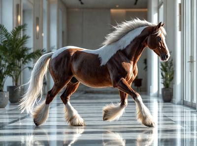 The primary subject of the image is a brown and white horse standing in a hallway. The horse is the main focus of the scene, and it appears to be walking or running down the hall. The setting is indoors, with a hallway visible in the background. The visual style of the image is a photo, capturing the horse in its natural environment. The colors in the image are predominantly brown and white, giving the scene a warm and natural atmosphere.