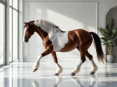 The primary subject of the image is a brown and white horse. The horse is walking on a white marble floor, which serves as the setting for the scene. The visual style of the image is a photo, capturing the horse in its natural environment. The colors and mood of the image are predominantly white and neutral, creating a clean and elegant atmosphere.