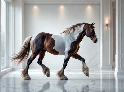 The primary subject of the image is a brown and white horse walking on a marble floor. The setting is a white room, which serves as the background for the horse. The visual style of the image is a photo, capturing the horse in its natural environment. The colors and mood of the image are predominantly white and neutral, creating a clean and elegant atmosphere.