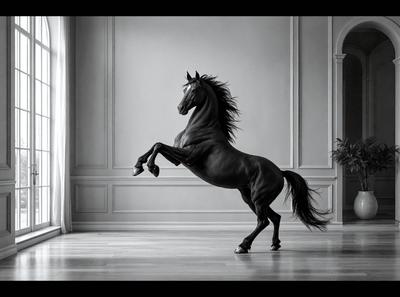 Primary subject: A horse with a long mane and tail, standing in a room.

Setting/background: The horse is standing in a room with a white wall and a window.

Visual style: The image is a black and white photo.

Colors and mood: The mood of the image is dramatic and artistic, with the horse's silhouette and the contrast between the horse and the white wall creating a striking visual effect.