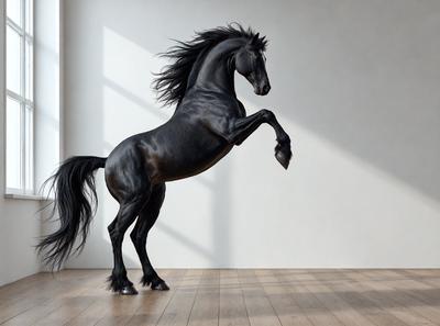 Primary subject: A black horse with a mane standing on a wooden floor.

Setting/background: The horse is standing in front of a white wall.

Visual style: The image is a photo of the horse.

Colors and mood: The horse is black, and the overall atmosphere is calm and focused.