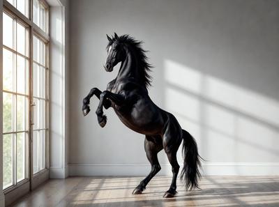 Primary subject: A black horse with a white face, standing in a room with a white wall.

Setting/background: The horse is standing in a room with a white wall, and there is a window nearby.

Visual style: The image is a painting, featuring a black horse with a white face.

Colors and mood: The painting has a black and white color scheme, creating a dramatic and striking visual effect. The mood of the painting is intense and powerful, capturing the horse's
