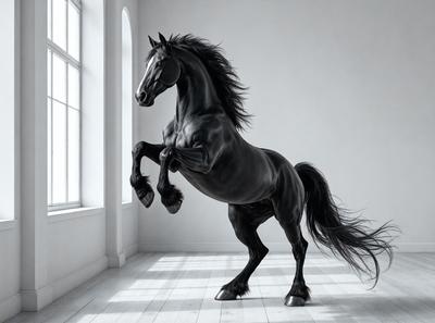 Primary subject: A black horse with a flowing mane.

Setting/background: The horse is standing in a white room, possibly a studio or a room with a white wall.

Visual style: The image is a digital art or illustration of a horse.

Colors and mood: The image is predominantly black and white, giving it a classic and timeless feel.