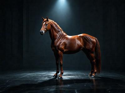 Primary subject: A brown horse standing in a dark room.

Setting/background: The horse is standing on a dark surface, possibly a floor or a stage.

Visual style: The image is a photo of the horse.

Colors and mood: The horse is the dominant color, and the overall atmosphere is dark and moody.
