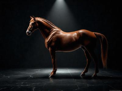Primary subject: A brown horse standing in a dark room.

Setting/background: The horse is standing on a black surface, which could be a floor or a wall.

Visual style: The image is a black and white photo.

Colors and mood: The dominant colors are black and white, creating a moody and dramatic atmosphere.