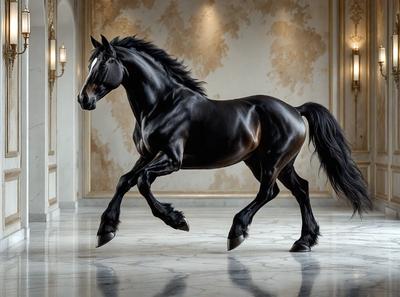 Primary subject: A black horse with a white face.

Setting/background: The horse is standing in a room with a marble floor.

Visual style: The image is a photo of the horse.

Colors and mood: The horse has a black and white color scheme, and the overall atmosphere is elegant and majestic.