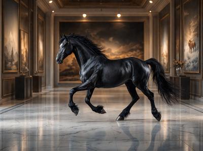 The primary subject of the image is a black horse with a flowing mane, standing in a large, ornate room. The setting includes a marble floor and a painting on the wall, creating an elegant and sophisticated atmosphere. The visual style of the image is a combination of photo and digital art, with the horse's movement captured in a dynamic pose. The colors in the image are predominantly black and white, with the horse's black fur and the marble floor's white color creating a striking contrast