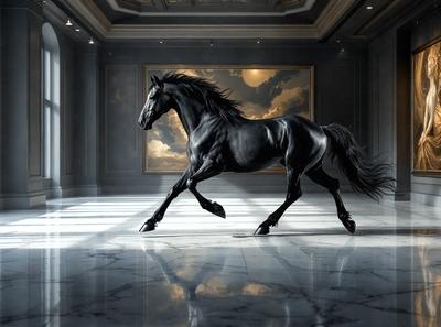 Primary subject: A black horse with a flowing mane.

Setting/background: A large, ornate room with a painting on the wall.

Visual style: Digital art.

Colors and mood: The horse is black, and the overall atmosphere is elegant and majestic.