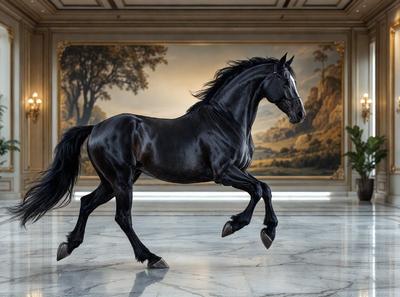 Primary subject: A black horse with a white face.

Setting/background: The horse is in a large, empty room with a painting on the wall.

Visual style: The image is a photo of the horse.

Colors and mood: The horse is black, and the overall atmosphere is calm and serene.