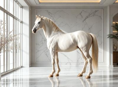 The primary subject of the image is a white horse standing in a room with a marble floor. The horse is positioned in the center of the room, and it appears to be the main focus of the image. The setting is a room with a marble floor, which adds to the overall atmosphere of the scene. The visual style of the image is a photo, capturing the horse in its natural environment. The colors in the image are predominantly white, giving the scene a clean and elegant appearance.