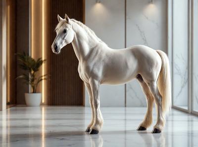 The primary subject of the image is a white horse standing in a room. The setting is indoors, with a white wall and a potted plant in the background. The visual style appears to be a photo, capturing the horse in a realistic manner. The colors in the image are predominantly white, giving the scene a clean and serene atmosphere.