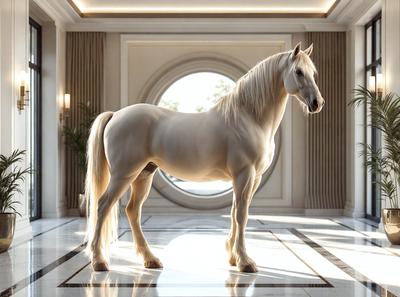 Primary subject: A white horse standing in a room.

Setting/background: The horse is standing in a room with a large window, which allows natural light to enter.

Visual style: The image is a photo of the horse in the room.

Colors and mood: The horse is the main focus of the image, and its white color gives it a clean and elegant appearance. The room appears to be well-lit and inviting.
