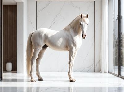 The primary subject of the image is a white horse standing on a marble floor. The setting is a room with a marble wall, and the visual style appears to be a photo. The horse is the main focus of the image, and its white color and elegant posture create a sense of elegance and grace.