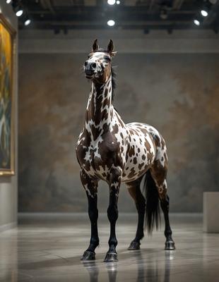 The primary subject of the image is a brown and white spotted horse standing in a room. The horse is positioned in the center of the scene, and it appears to be looking at the camera. The setting is a room with a wall, and the visual style is a photo. The colors in the image are predominantly brown and white, giving the scene a warm and natural atmosphere.