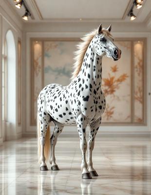 The primary subject of the image is a spotted horse standing in a room. The horse is positioned in the center of the room, and its presence creates a focal point in the scene. The setting appears to be a room with a white color scheme, which adds to the overall atmosphere. The visual style of the image is a combination of photo and digital art, creating a unique and eye-catching representation of the horse. The dominant colors in the image are white and black, which contribute to the overall mood and aesth