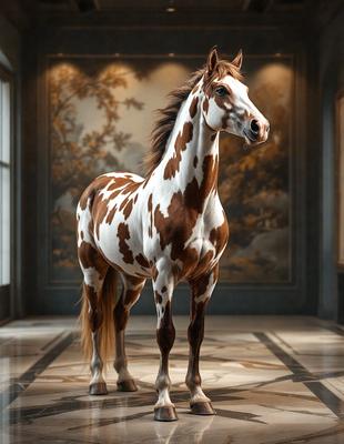 The primary subject of the image is a brown and white spotted horse standing in a room. The horse is positioned in the center of the scene, and its body is facing the viewer. The setting appears to be a room with a painting in the background, which adds to the overall atmosphere of the image. The visual style of the image is a combination of photo and digital art, creating a unique and captivating scene. The colors and mood of the image are warm and inviting, with the horse's spotted pattern