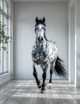 Primary subject: A horse with a white and black coat.

Setting/background: A white room with a window.

Visual style: A photo of the horse.

Colors and mood: The horse has a white and black coat, and the overall atmosphere is calm and serene.