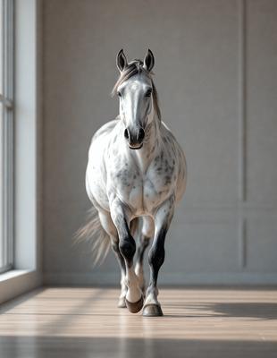 Primary subject: A white horse with a black mane and tail, walking on a wooden floor.

Setting/background: The horse is walking in a room with a window, and the floor appears to be made of wood.

Visual style: The image is a photo of the horse in motion.

Colors and mood: The horse is predominantly white, and the overall atmosphere is calm and serene.