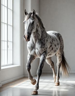 The primary subject of the image is a horse standing in a room. The horse is positioned in the center of the room, and it appears to be walking or running. The setting is a room with a window, and the visual style is a photo. The horse is the main focus of the image, and its presence creates a dynamic and lively atmosphere.