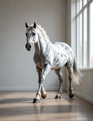 Primary subject: A white horse with a black mane and spots standing in a room.

Setting/background: The horse is standing in a room with a white wall.

Visual style: The image is a photo of the horse.

Colors and mood: The horse has a white coat with black spots, and the overall atmosphere is calm and serene.