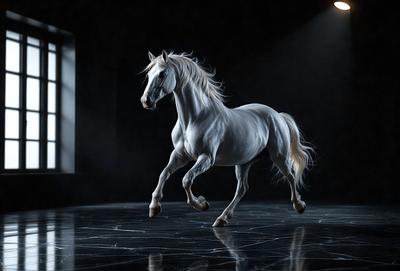 Primary subject: A white horse with a flowing mane.

Setting/background: A dark room with a light source shining on the horse.

Visual style: A black and white photo of the horse.

Colors and mood: The image has a monochromatic color scheme, giving it a classic and timeless feel.