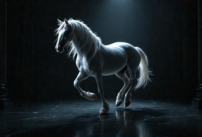 Primary subject: White horse
Setting/background: Black background
Visual style: Digital art
Colors and mood: Black and white