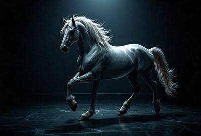 Primary subject: A white horse with long hair.

Setting/background: A dark room with a black background.

Visual style: Digital art.

Colors and mood: The horse is the main focus, and its white color contrasts with the dark background, creating a dramatic and striking image.