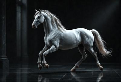 Primary subject: A white horse with a flowing mane.

Setting/background: A dark room with a black background.

Visual style: Digital art.

Colors and mood: The horse is the main focus, and its white color contrasts with the dark background, creating a dramatic and striking image.