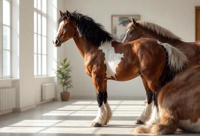The primary subject of the image is a brown and white horse standing in a room. The horse is positioned in the center of the scene, and it appears to be the main focus of the image. The setting is indoors, with a window visible in the background. The visual style of the image is a photo, capturing the horse in its natural environment. The colors in the image are predominantly brown and white, giving the scene a warm and natural atmosphere.
