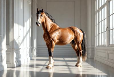 The primary subject of the image is a brown horse standing in a white room. The horse is positioned in the center of the room, and its presence creates a striking contrast between the brown horse and the white background. The visual style of the image is a photo, capturing the horse in its natural environment. The colors and mood of the image are predominantly white and neutral, with the brown horse being the focal point and the main source of color and warmth.