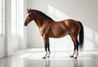 The primary subject of the image is a brown horse standing in a white room. The horse is positioned in the center of the room, and its presence creates a striking contrast between the brown horse and the white background. The visual style of the image is a photo, capturing the horse in its natural environment. The colors and mood of the image are predominantly white and neutral, with the brown horse being the focal point and the main source of color and warmth.