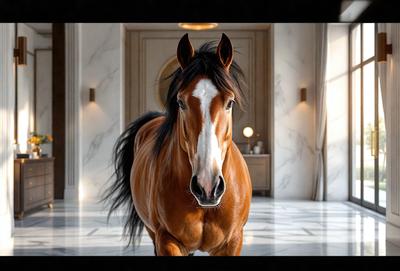 Primary subject: A brown and white horse with a black mane.

Setting/background: The horse is standing in a large, white room with a marble floor.

Visual style: The image is a digital art or illustration of the horse.

Colors and mood: The horse has a brown and white color pattern, and the overall atmosphere of the image is elegant and sophisticated.
