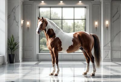 The primary subject of the image is a brown and white horse standing in a room. The horse is positioned in the center of the room, and it appears to be the main focus of the image. The setting is a room with a window, and the visual style is a photo. The colors in the image are predominantly brown and white, giving the scene a warm and natural atmosphere.