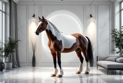 The primary subject of the image is a brown and white horse standing in a room. The horse is positioned in the center of the scene, and it appears to be the main focus of the image. The setting is a room with a white wall, and the visual style is a digital art or illustration. The colors in the image are predominantly white and brown, creating a calm and natural atmosphere.