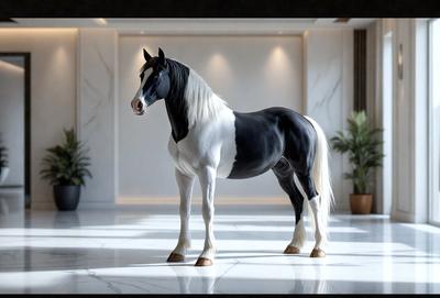 Primary subject: A black and white horse.

Setting/background: A white wall.

Visual style: A photo.

Colors and mood: The horse is black and white, and the overall atmosphere is calm and serene.